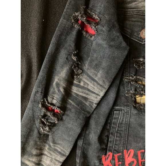 DEMOLITION Men's Distressed Black Denim Jacket Red Graphic Ripped Punk Size M - Picture 6 of 15